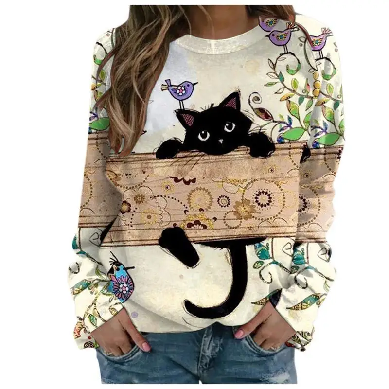 

Fashion Hoodie Women Tops Print Cat Autumn Winter Loose Long Sleeve Pullover Clothes