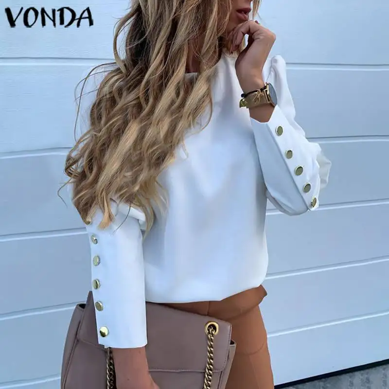VONDA, Офисная Женская блузка на пуговицах сзади, женские рубашки, Сексуальные вечерние топы, осень, богемная туника, повседневные свободные блузы размера плюс