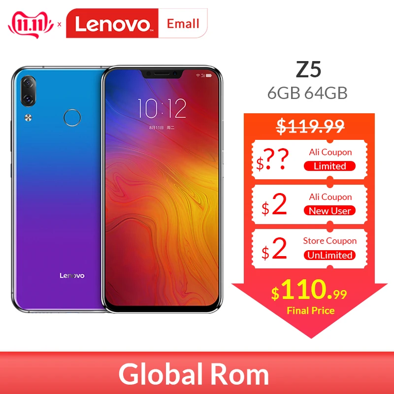 Lenovo Z5 L78011 смартфон с восьмиядерным процессором Snapdragon 636 6 2 дюймовый IPS экран 16 МП AI