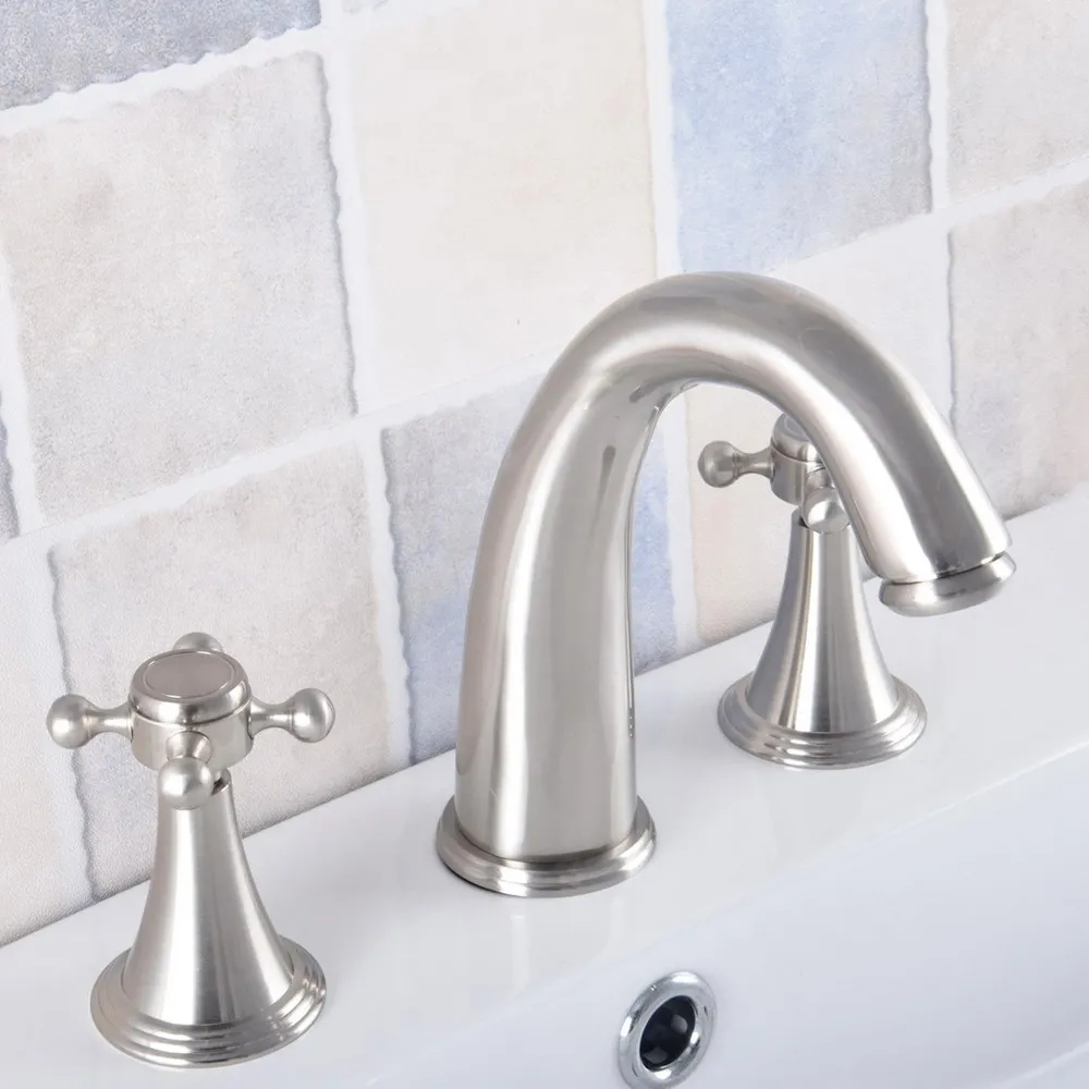 

Brushed Nickel Brass Deck Mounted Dual Handles Widespread Bathroom 3 Holes Basin Faucet Mixer Water Taps mnf681