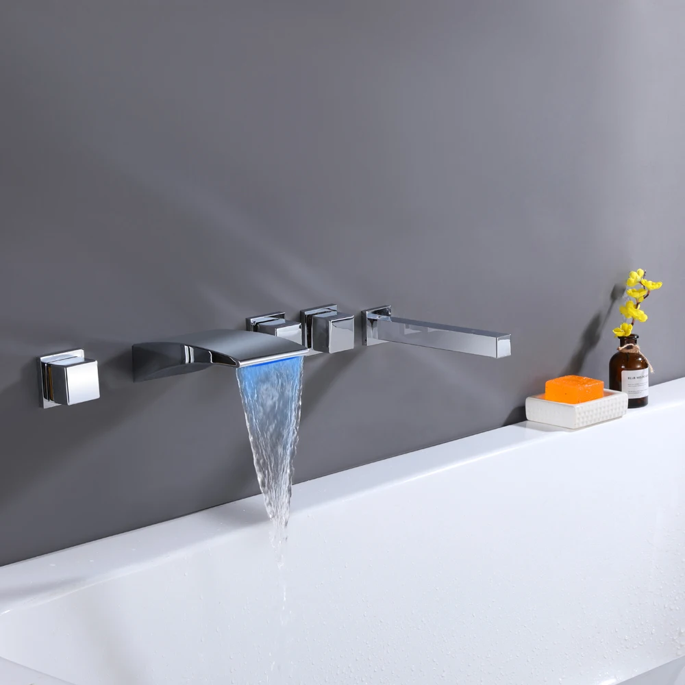 Wall Mount LED Waterfall Tub Faucets with Handheld Shower Set Chrome 5 Holes 3 Handles Roman Bathtub Filler Faucet