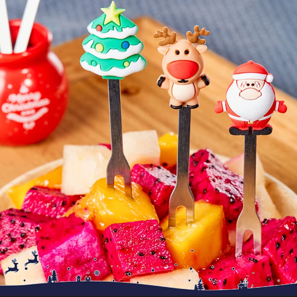 

5Pcs/Set Christmas Fruit Fork Stainless Cartoon Santa Claus Salad Stick Dessert For Party Decoration Accessories Vegetable Forks