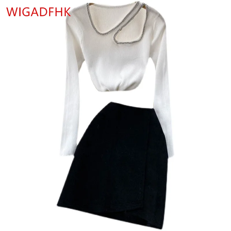 

2021 Fall/Winter Fashion Suit Sexy Hollow Slant Collar Slim Knitted Top + A-line Skirt Two-piece Women's Suit