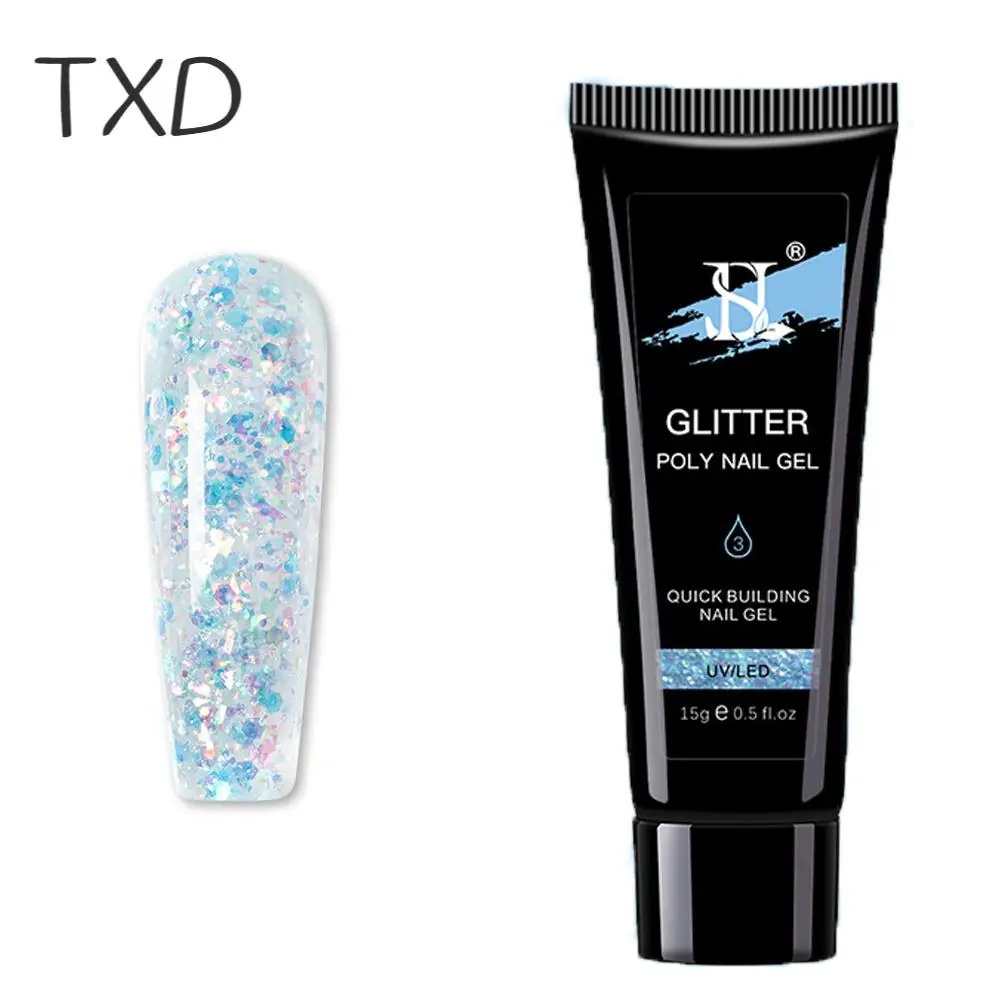 

TXD 30/15ML Poly Glitter Gel Fashion Colors Extend Jelly Poly Glue Hot Sale UV/LED Lamp Extension Nail Art For Nails Odor Free