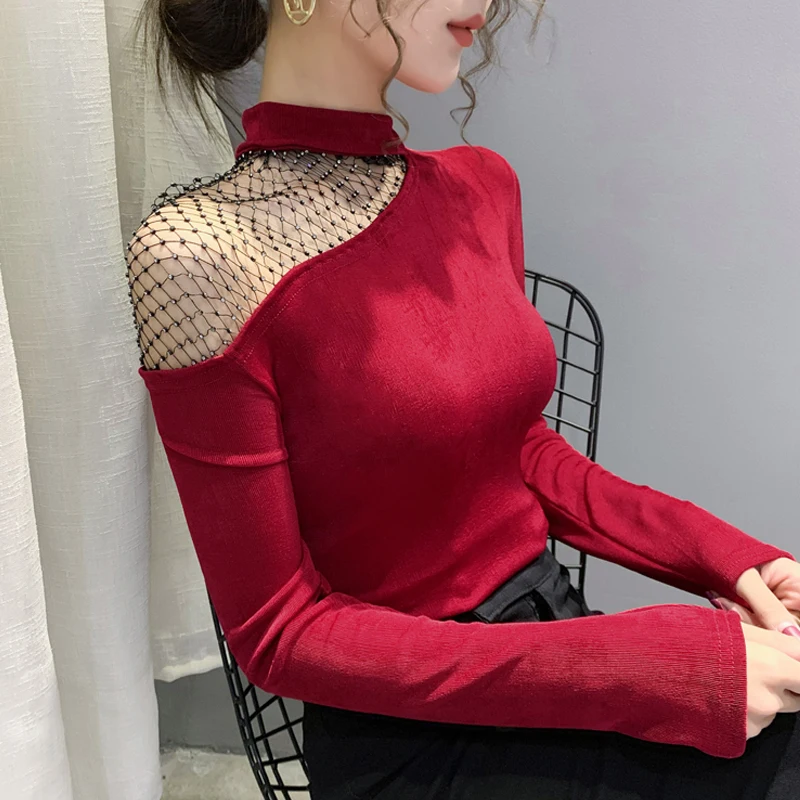 

Корейская модная ажурная рубашка, привлекательная футболка без бретелек, женские облегающие сетчатые топы с длинными рукавами на осень и в...