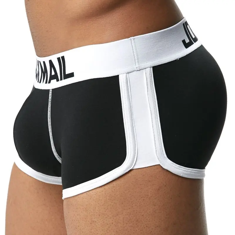 Черный JOCKMAIL, фирменное Мужское нижнее белье, боксеры, плавки с сексуальным мешочком для пениса, усиление выпуклости спереди+ сзади, Двойная съемная чашка пуш-ап - Цвет: Черный