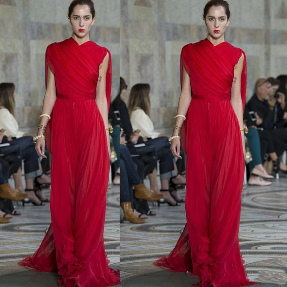 

Red A-Line Red Evening Dresses 2020 Sleeveless Prom Gown Robe De Soiree Chiffon Long Women Elegant Graduation Formal Party Dress