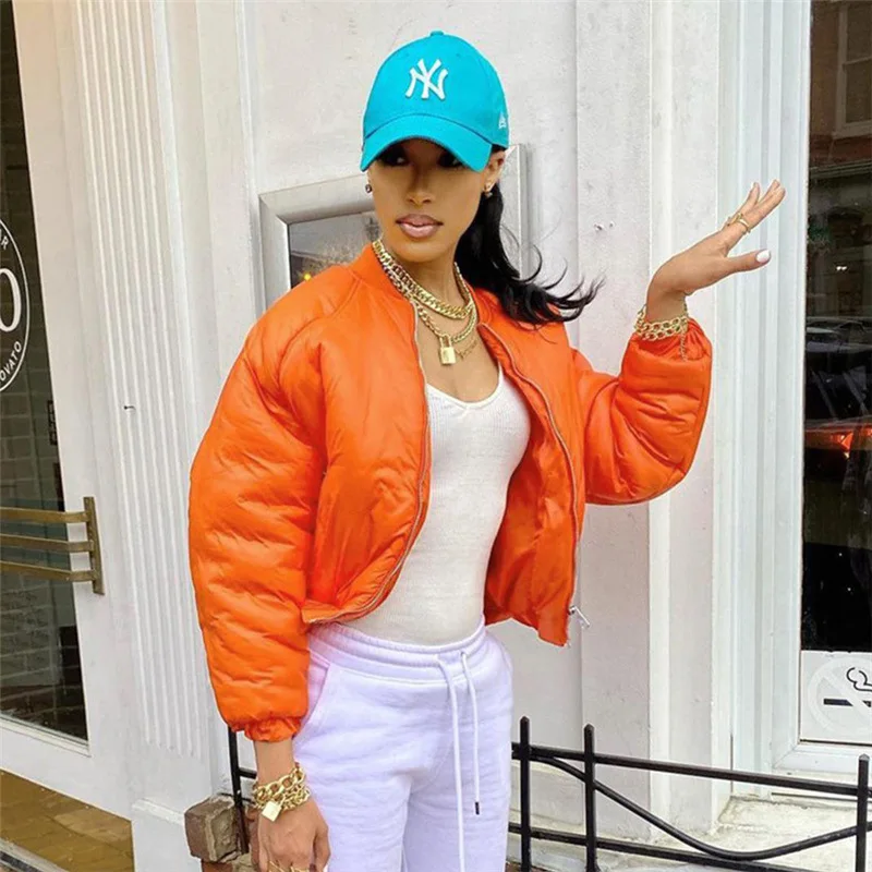 

Bomber Puffer Jacket Women Zip Short Bubble Coat Padding Thick 2021 New Winter Warm Casual Fashion Street Outerwear