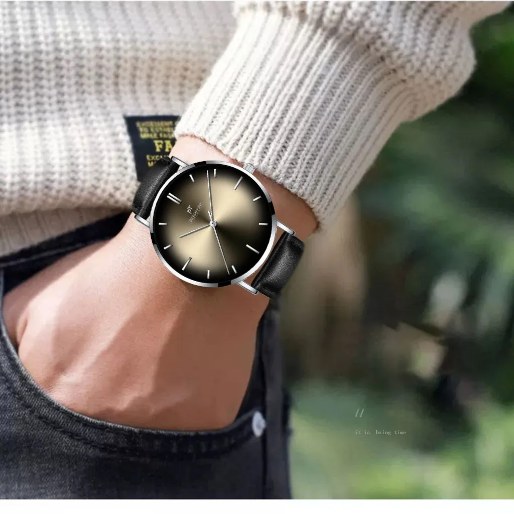 Для женщин мужчин часы кожа Мода повседневное простой черный дамы браслет сплав