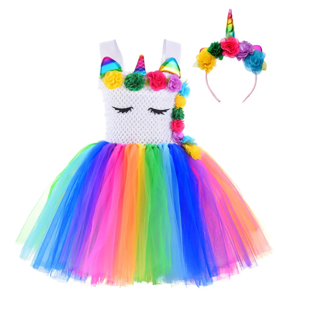 С цветочным рисунком из сетчатой ткани Косплей Единорог платья с юбкой-пачкой