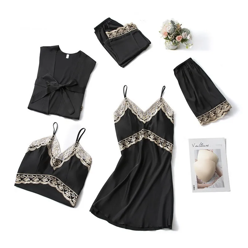 

Satin 5PCS Sleepwear Sexy Lace Pajamas Set Silky Kimono Gown Casual Bathrpbe Gown Female Pyjamas Suit Loose Sleep Set Home Wear