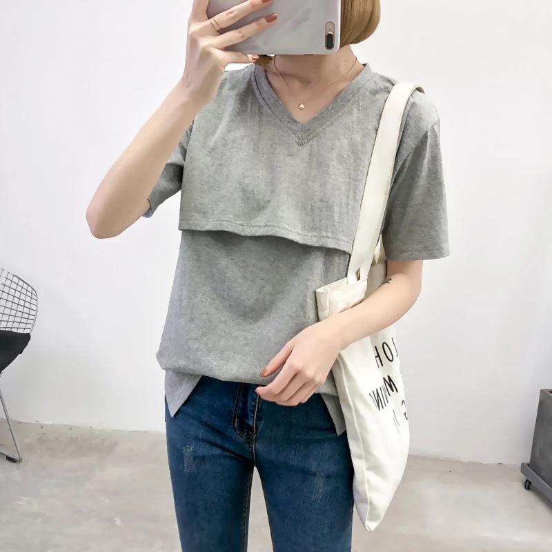 Однотонная хлопковая футболка для грудного вскармливания с коротким рукавом и