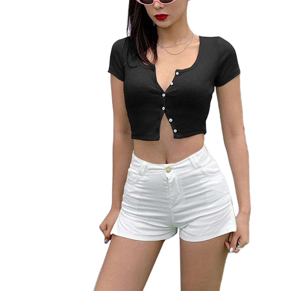 AA Meihuida Women Stretchy Knitted Crop Top Summer Button Green Blue Tight Rib-knitted Plain Short Sleeve Tops |