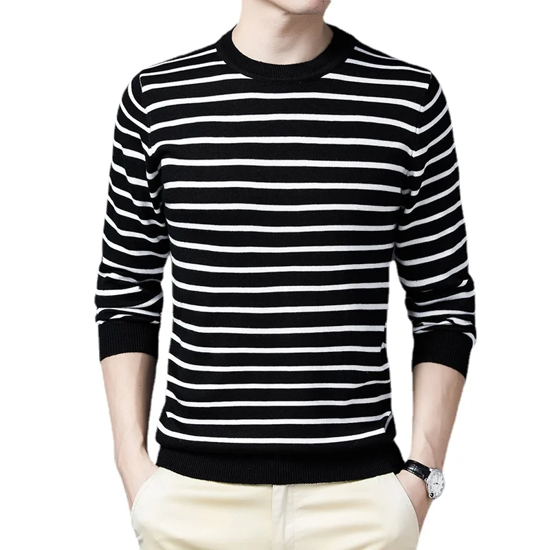 

2021 autumn new men's round neck sweater striped sweater men's top men clothing M-4XL