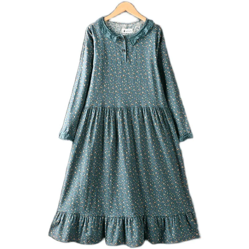 

2021 Spring Rastic Mori Girl Lolita Cute Floral Loose Hook Cotton Linen Long Sleeve Dress Vestido De Mulher Boutique