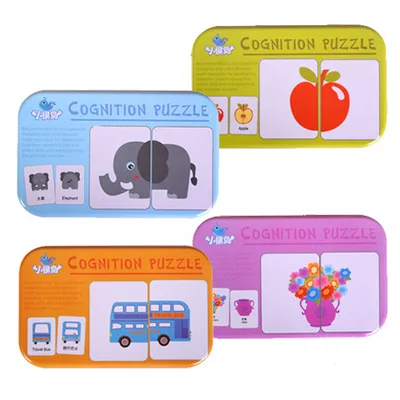 

New 2020 Baby Cognition Puzzle Toys Toddler Kids Iron Box Cards Matching Game Cognitive Card Car Fruit Animal Life Puzzle