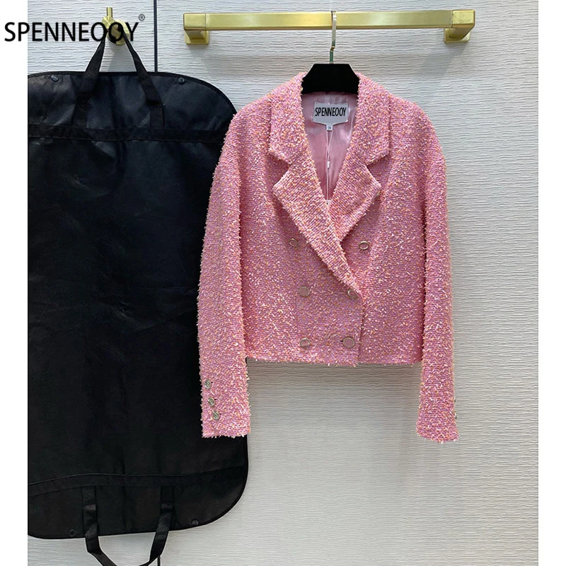 

SPENNEOOY Designer Brand Fashion Pink Tweed Jackets Coat Women Golden Double Breasted Print Lining Overcoat Outwear
