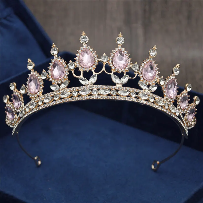 Gold Pink Барокко Винтаж Синий Кристалл невесты корона для женщин головной убор свадебные диадемы и короны свадебные украшения для волос аксессуары Корона Мода - Окраска металла: Gold Pink