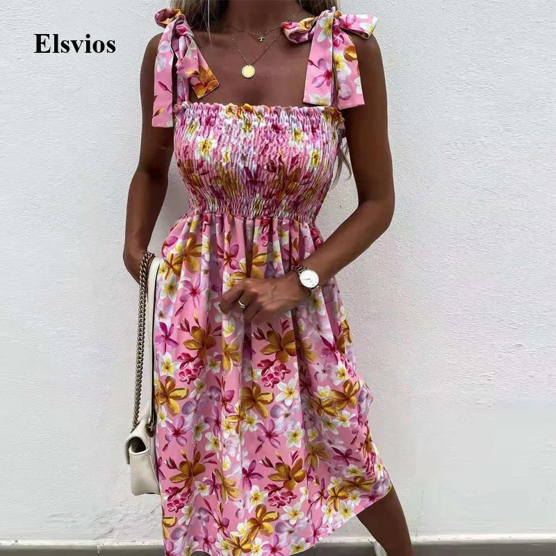 

Sexy Tie-up Bow Sling Sleeveless Women Dress Fashion Summer Lady Backless Beach Dress Elegant Floral Print Party Dress Vestidos