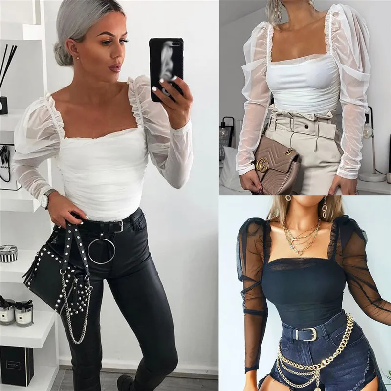 Женская сетчатая блузка Осенняя летняя одежда новый длинный рукав квадратный