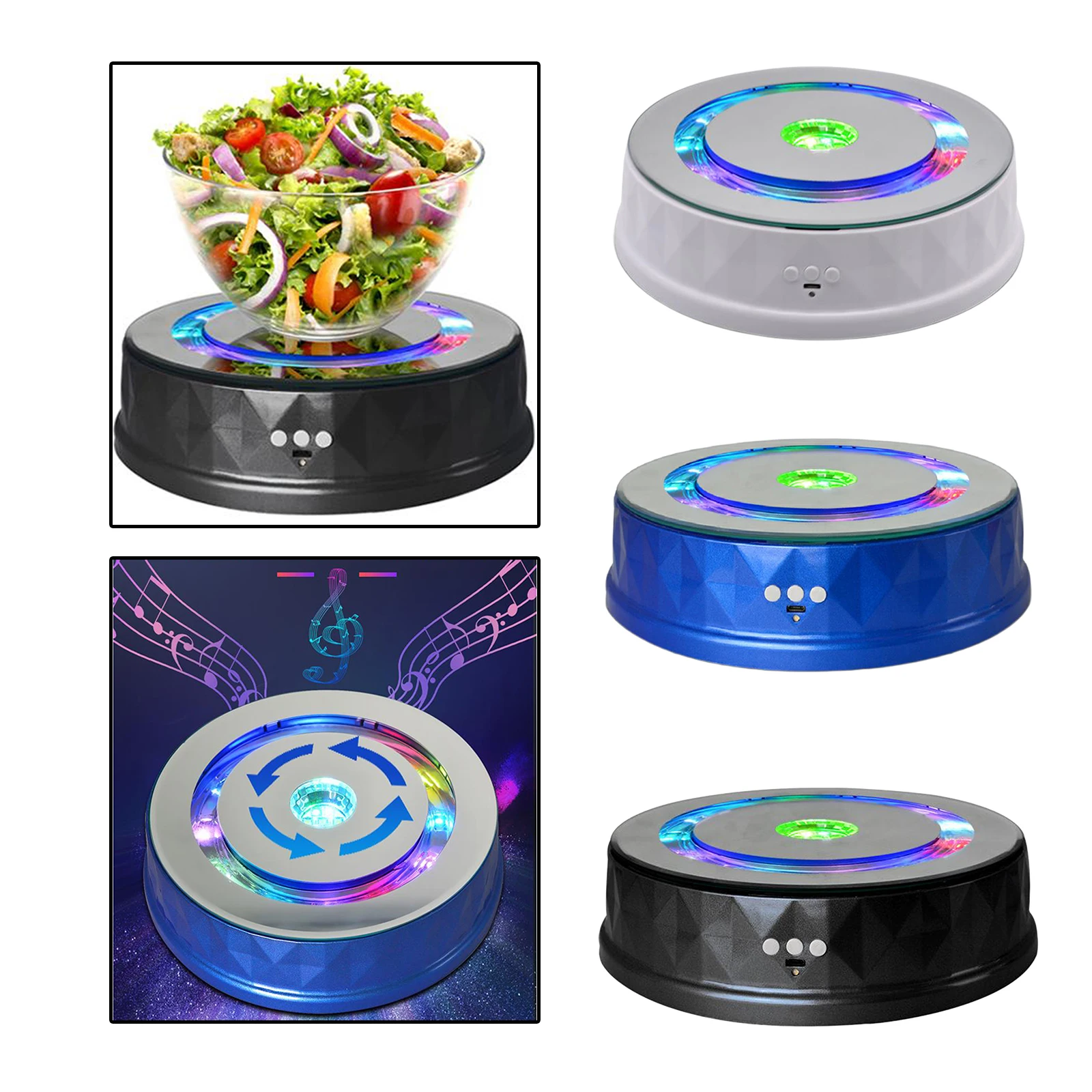 Plastic 360° Electric Display Stand Colorful Lights 2 Speeds Turntable for Cosmetics Watch Digital Products USB Charging Holder