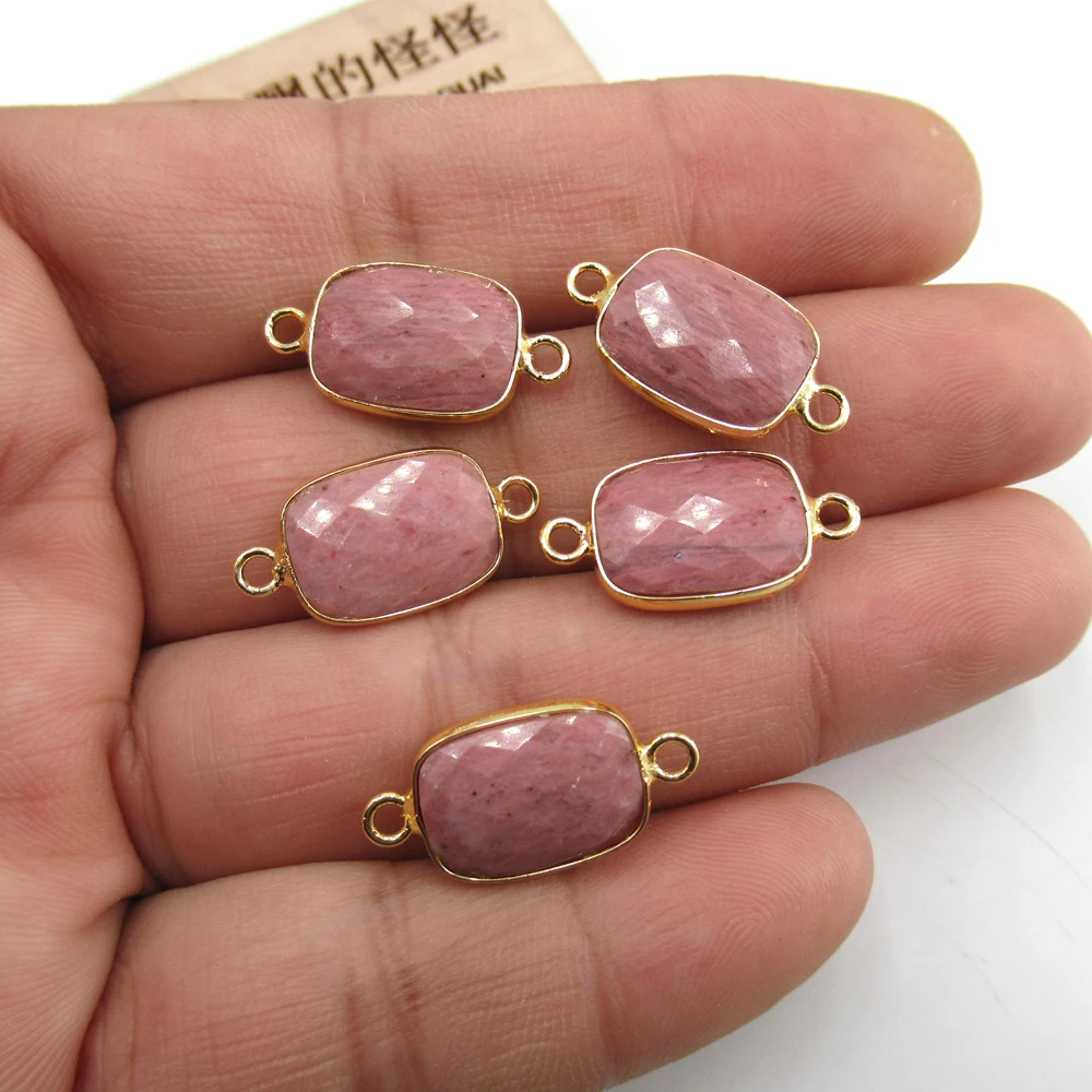 APDGG Wholesale 5PCS Natural Rhodonite Faceted Rectangle Double Bail 24kt Bezel Connector Necklace Pendant Jewelry DIY