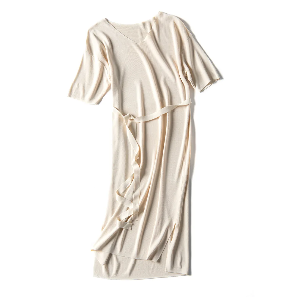 

Quality Ice Silk Casual Elegant Stretch Women Sashes Dress Solid Sexy Party Ladies Dresses Short Sleeve V-neck Knitted Vestido