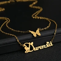 acheerup personalized name double layer necklace for women butterfly chain pendant custom nameplate stainless steel jewelry gift