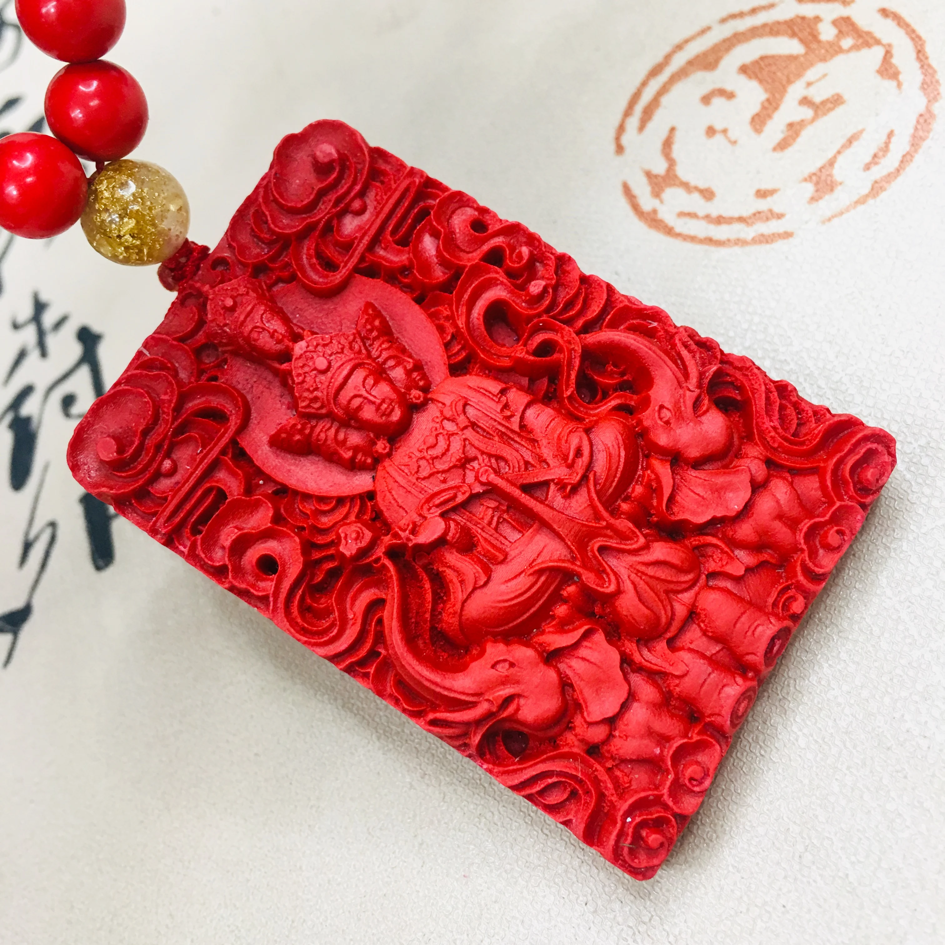 

Zheru natural cinnabar carved red god king pendant with a bead necklace exquisite men and women sweater chain