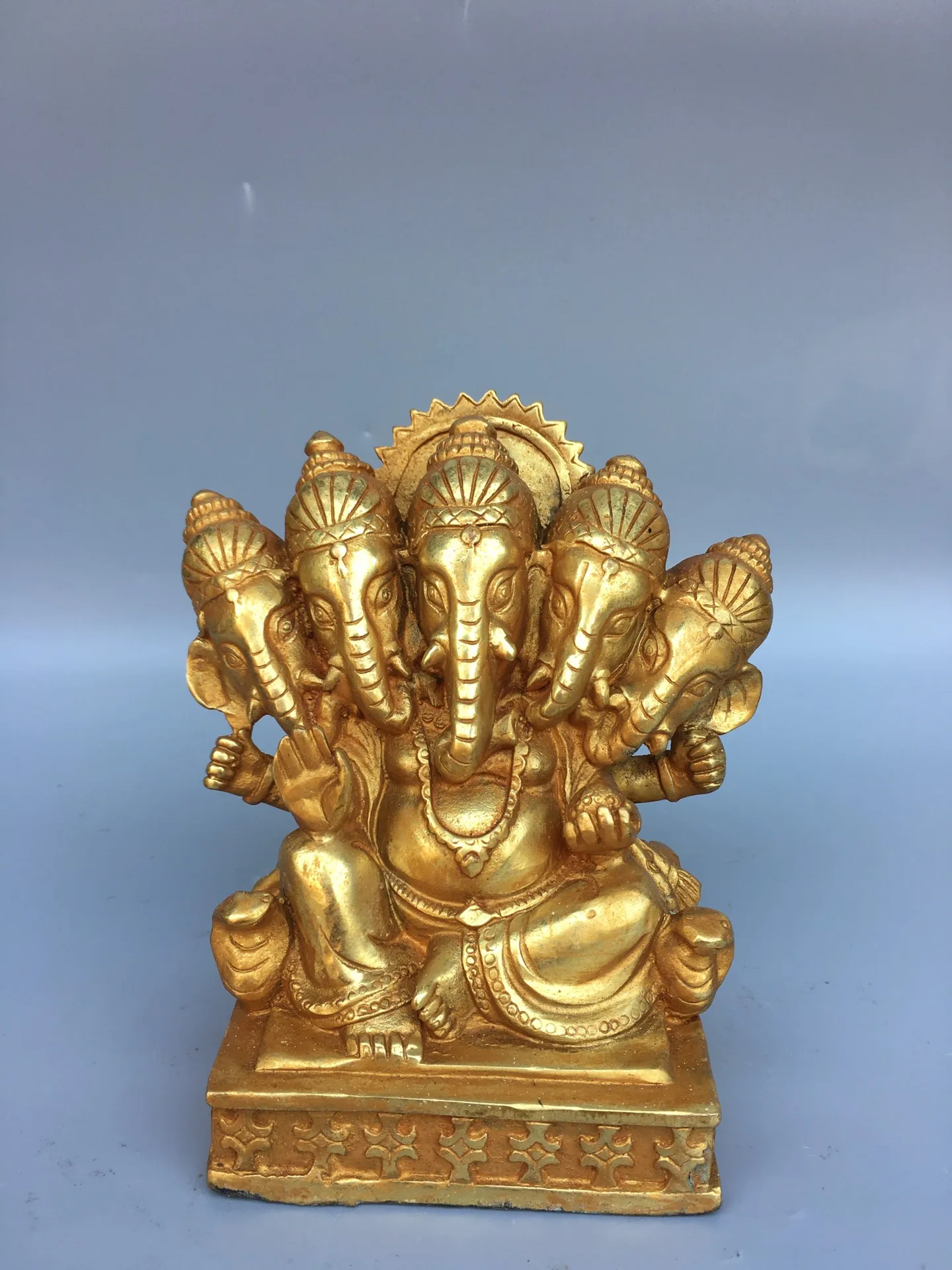 

4"Chinese temple collection Old Bronze Gilt 5 heads Elephant Trunk God of Wealth Buddha statue Sitting Buddha Enshrine