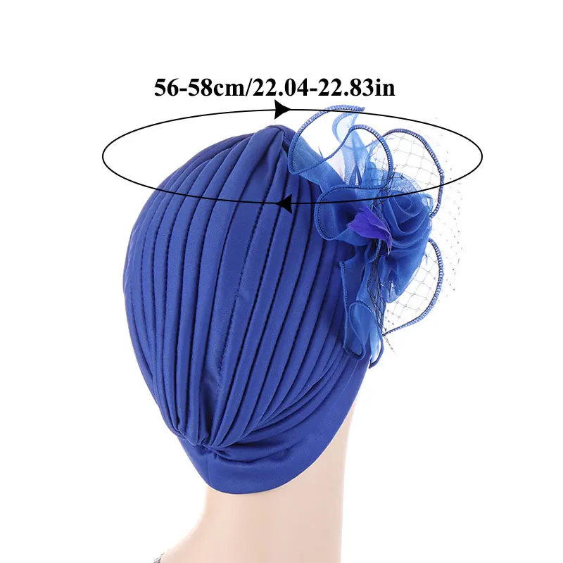 

Fashion Big Flower Turban Hat Female Muslim Hijabs Cap With Feather Decor Women Stretchy Elegant Beanie Cap Hair Accessories