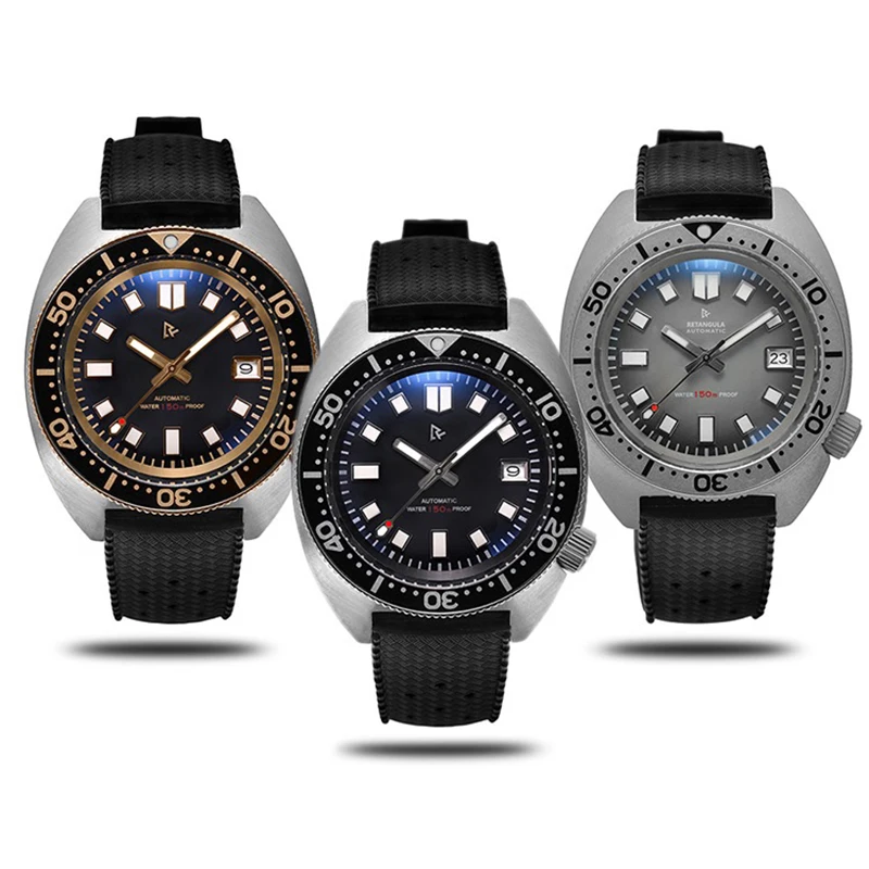 

Мужские часы Retangula Tuna Diver 6105-8000 NH35 с резиновым ремешком, сапфировым стеклом и алюминиевой рамкой, автоматические наручные часы из нержавеюще...