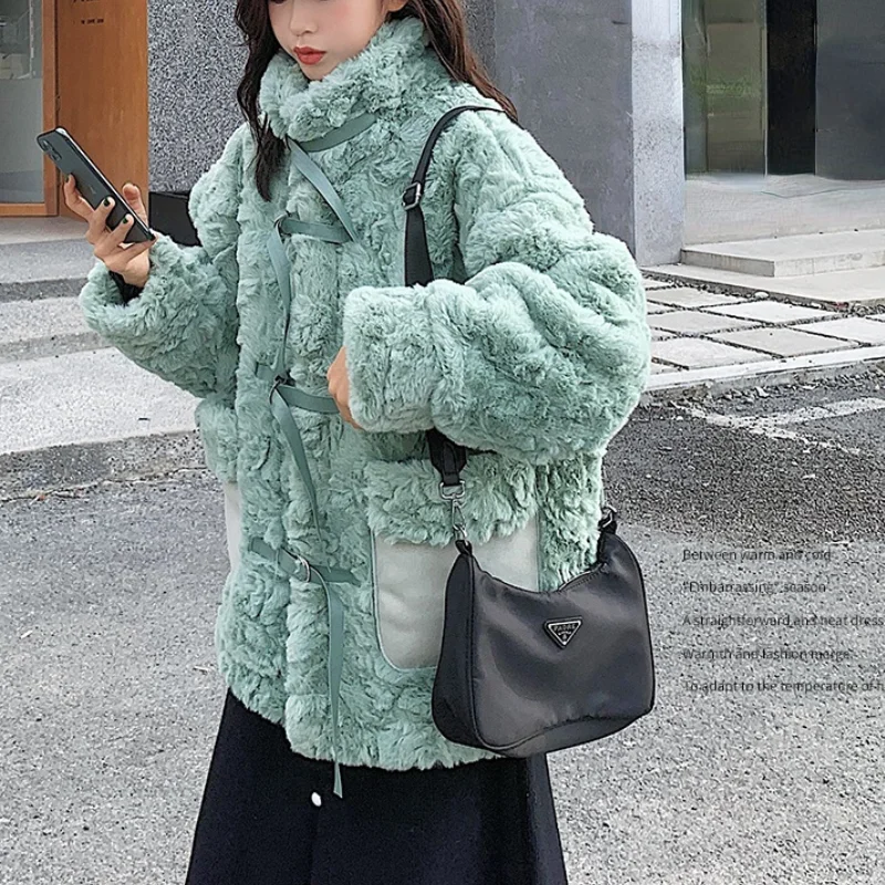 

Rabbit Furry Coats Women 2021 Winter Jacket Korean Fashion Pink Faux Fur Coat Chic Pocket Thick Warm Outerwear Fake Fur Clothes