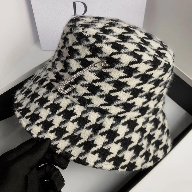 Autumn and Winter Double Layer Woolen Fisherman Hat Korean Retro Houndstooth Basin Hat Big Brand Rhinestone Pin Casual Hat