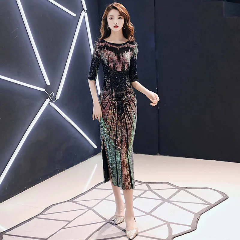 Robe De Soiree Новое Сексуальное вечернее платье с блестками, о-образный вырез, половина рукава, макси платье, вечерние платья для выпускного вечера AE474