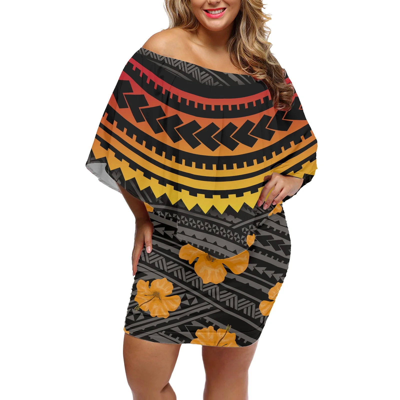 

HYCOOL Hawaii Flower sexy Slash Neck off shoulder bodycon dress For women clubwear party night Basic Elegant midi dresses Mujer