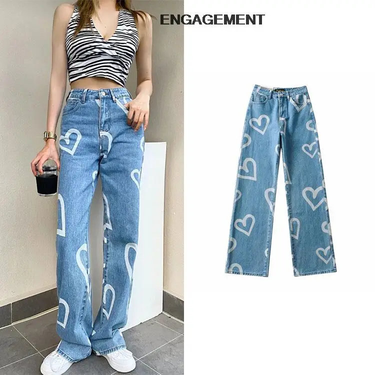 

ENGAGEMENT Za 2021 Trafaluc Street trendy personality printed denim wide-leg pants summer women loose trousers