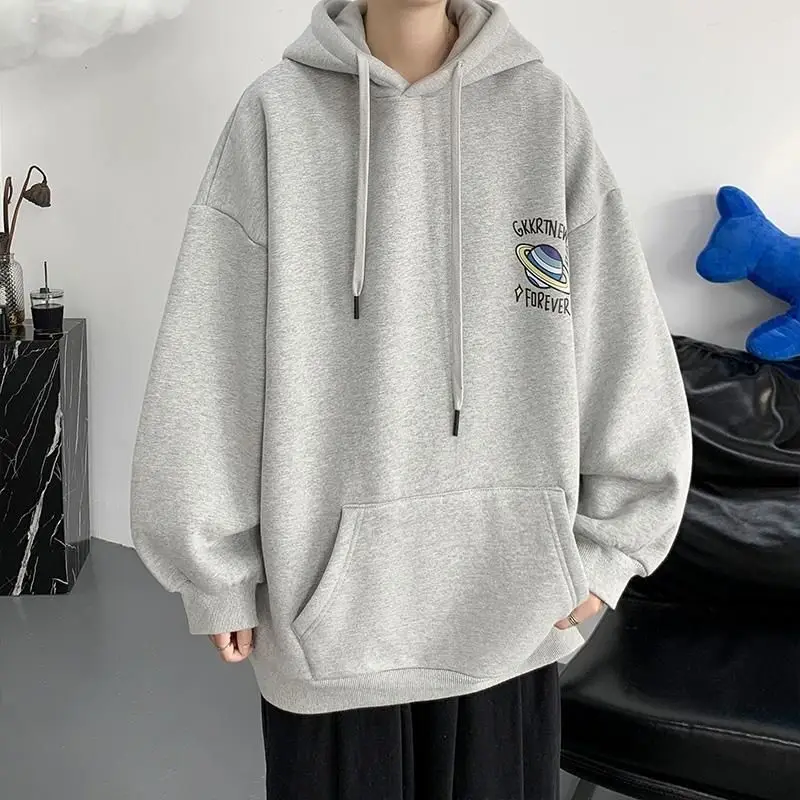 

Planet print hoodies for men autumn winter plus velvet tide brand tops lose casual all-match thickening jacket simple clothes