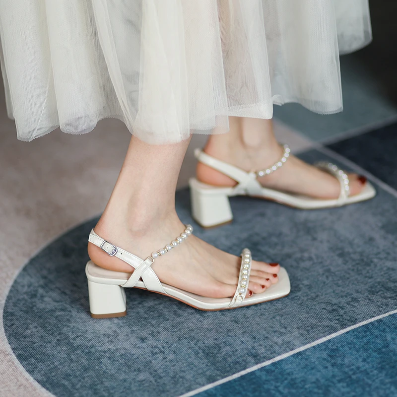 

New summer Women sandals summer shoes 22-25cmsuperfine fiber upper+Sheepskin insole Pearl chain buckle fashion womens sandals