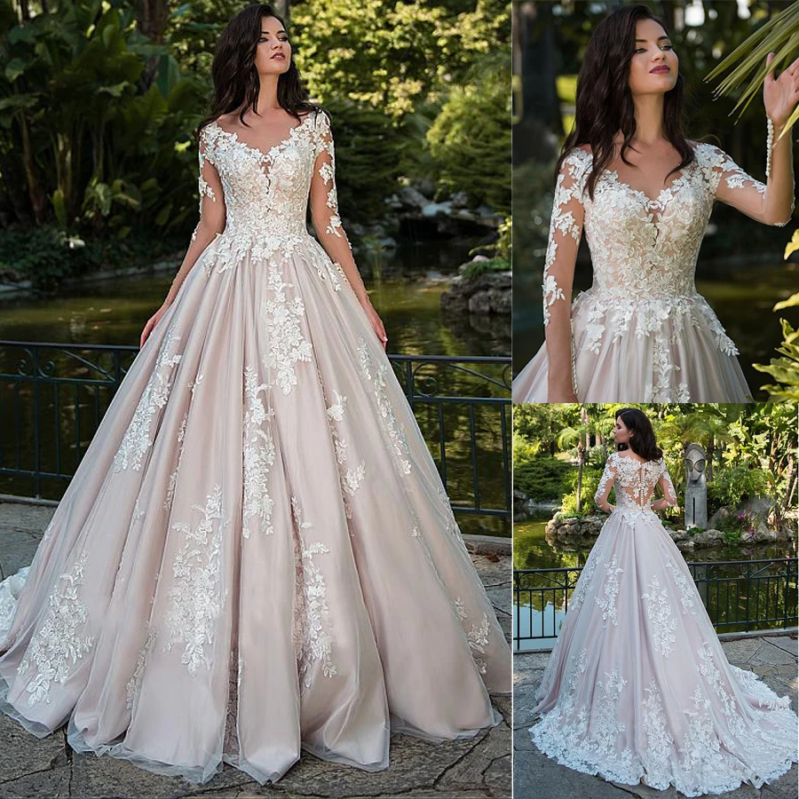 

Fascinating Tulle Bateau Neckline A-line Wedding Dresses With Lace Appliques Dark Nude Long Sleeves Bridal Dresses