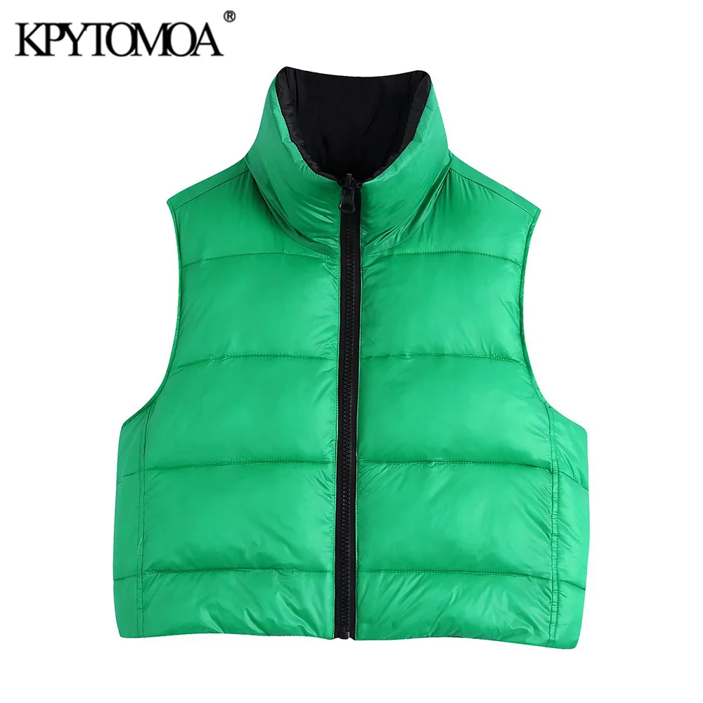 

KPYTOMOA Women Fashion Reversible Zip-up Padded Crop Waistcoat Vintage High Neck Sleeveless Female Vest Coat Chic Tops