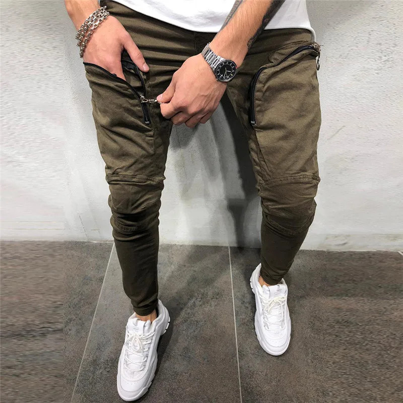 Dark green Новинка; сезон весна-осень; Брендовые спортивные брюки для мужчин; джоггеры; узкие брюки для мужчин; повседневные Модные брюки; спортивные брюки на молнии с карманами; Бодибилдинг; спортивные брюки - Цвет: Dark green