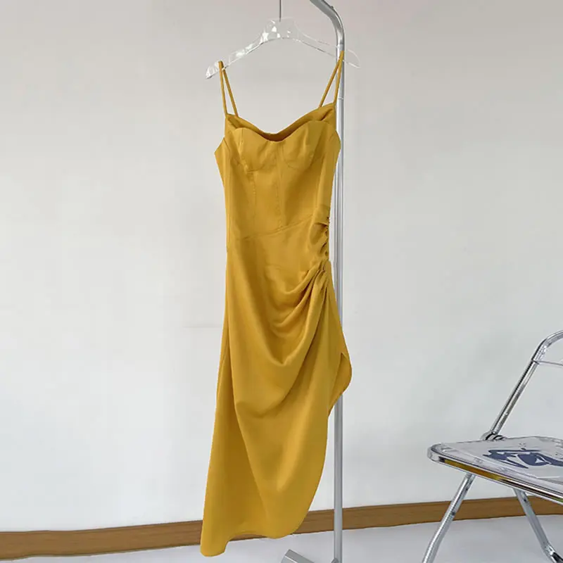 

XITAO Irregular Folds Sling Evening Dress Splicing Solid Color Strapless French Fashion Slim Women 2021 Summer New CLL1365