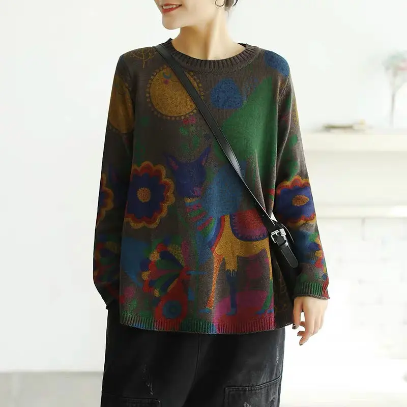 

Retro art cartoon lamb sweater sweater women thin loose large size outer wear fashionable bottoming shirt tide