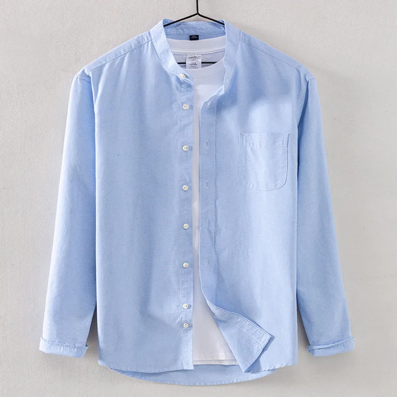 2021 spring and autumn new men's shirt cotton oxford wrinkle-resistant casual stand-up collar long-sleeved shirt for men