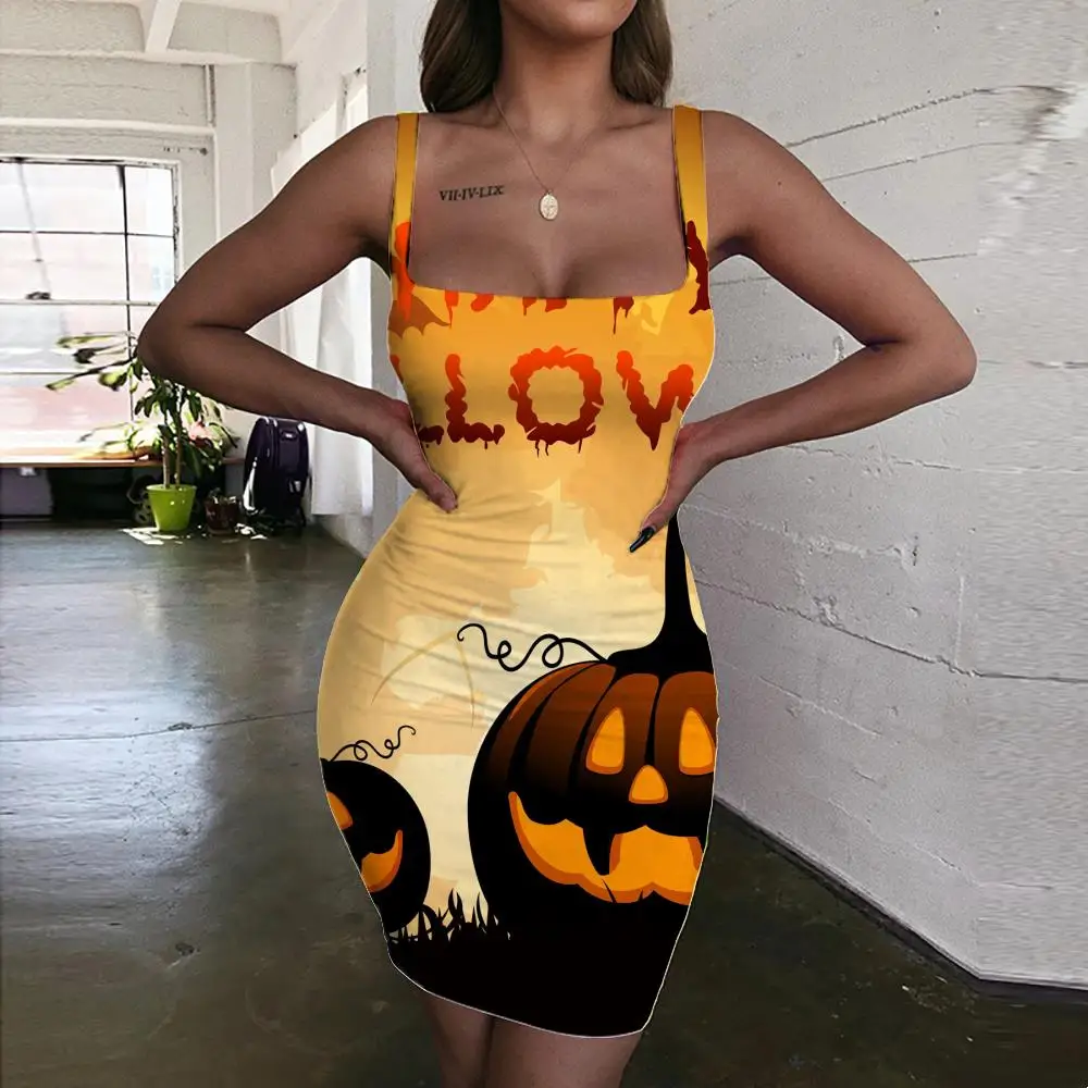 

KYKU Brand Halloween Dresses Women Moon Halter Sleeveless Pumpkin Bodycon Dress Hip Hop Sundress Womens Clothing Plus Size