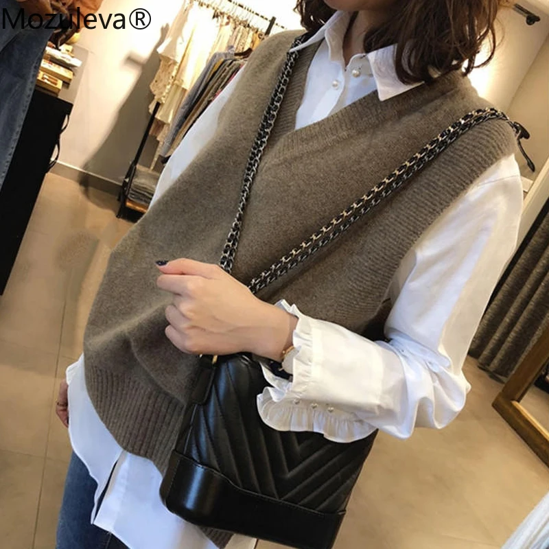 

Mozuleva V Neck Girl Pullover Vest Sweater Autumn Winter Short Knitted Women Sweater Vest Sleeveles Warm Sweater Casual Oversize