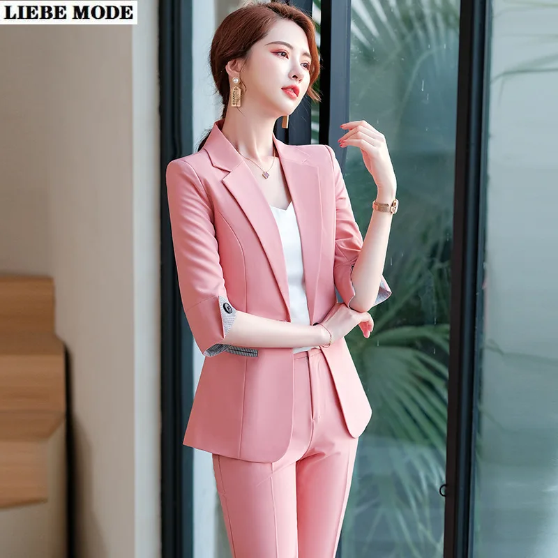 

Summer Women 2 Piece Set Suit Blazer and Trousers High Fashion Office Wear Elegant Suit Jacket Pants Ladies Pantsuit Green Pink