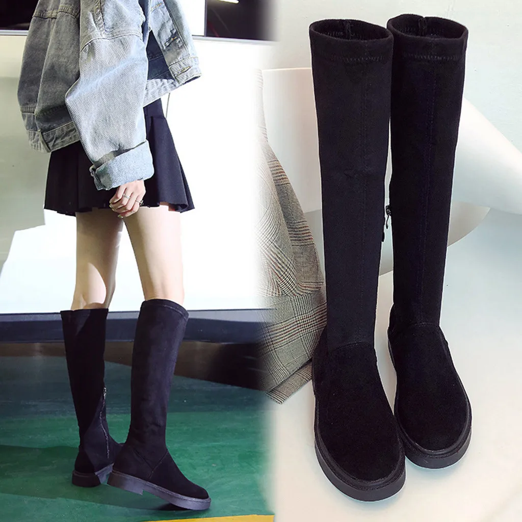 Новые рыцарские сапоги модные однотонные на низком каблуке с круглым носком