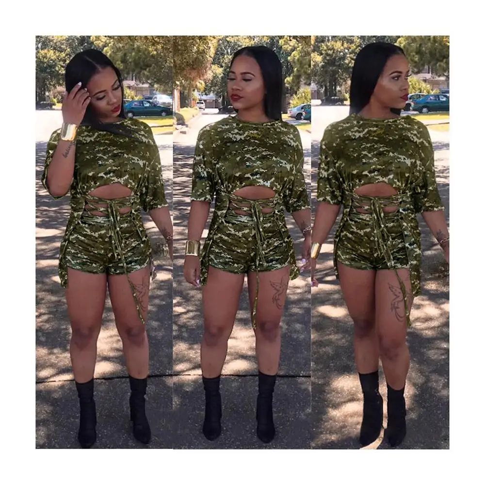 

Camouflage print two piece set 2020 summer casual women o neck half sleeve bandage long t-shirt and shorts tracksuit outfit